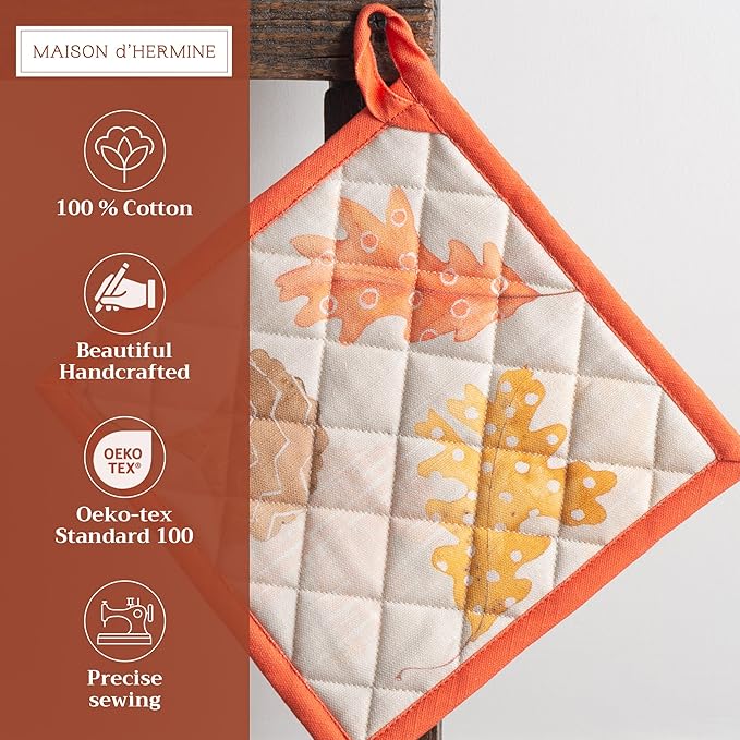 Maison d' Hermine Pot Holders 100% Cotton Heat Resistant Potholders 8" x 8" Hot Pads with Loop for Thanksgiving Christmas Decorations BBQ Cooking Handling Hot Pans (Pack of 1, Colours of Autumn)