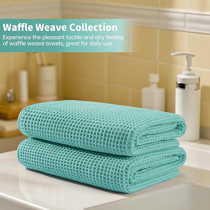 Microfiber Waffle Bath Towels, 4 Pieces, Soft, Absorbent, Fast Drying, Lint Free (Turquoise)