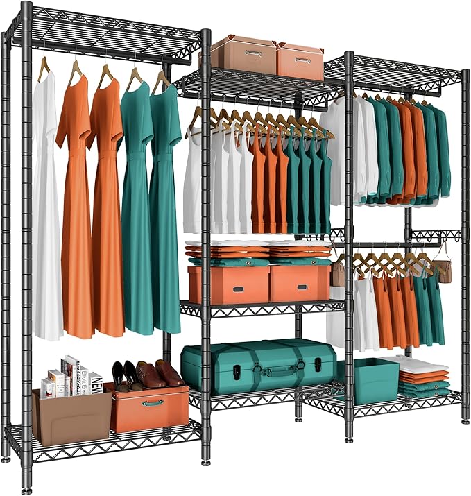 PUNION GR7 Portable Closet Wardrobe Heavy Duty Clothes Rack, Freestanding Clothing Rack with 4 Hang Rods & 7 Shelves, 2 Hooks, Adjustable Closet Rack, 69" L x 16" W x 77" H, Max Load 1200LBS, Black