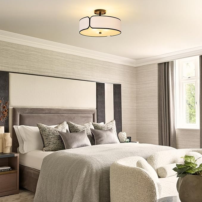 16" Semi Flush Mount Ceiling Light - 3 Lights Drum Light Fixture with Black Border White Fabric Shade, Farmhouse Close to Ceiling Light for Bedroom Living Dining Room Foyer and Hallway