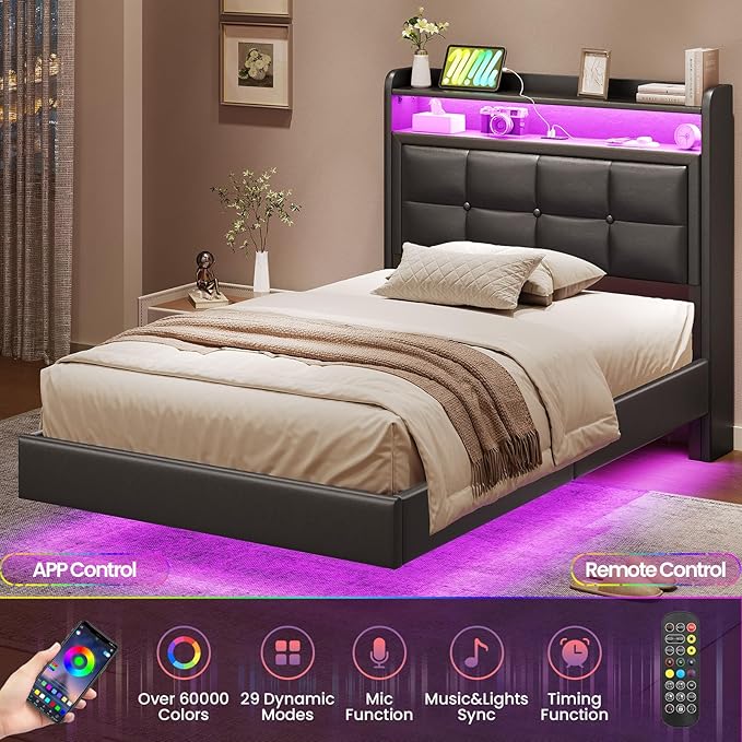 Twin Size Floating Bed Frame with Tufted Storage Headboard, LED Upholstered Platform Bed with 4 Charging Ports, Black Pu Leather Bed, No Box Spring Needed, Wood Slats