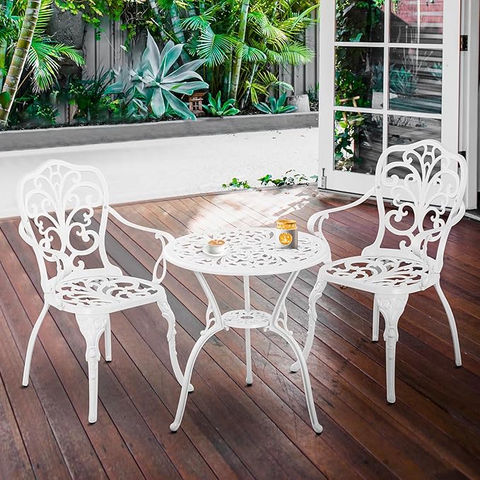 Cast Aluminum Bistro Table and Chairs Set of 2 with Umbrella Hole for Yard (WHITE1)