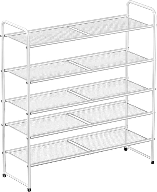 SUFAUY 33" Wide Shoe Rack, 5-Tier Shoe Storage Rack for 24-30 Pairs of Shoes, Mesh Shoe Organizer for Entryway Closet, Steel Frame, Industrial, White