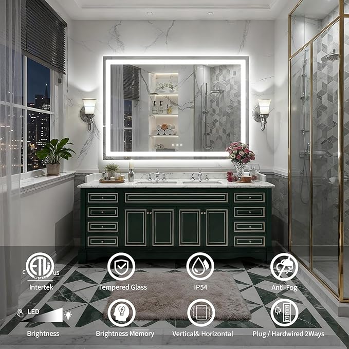 LED Mirror for Bathroom, 55x40 Inch Backlit + Front Lighted Bathroom Vanity Mirror with Lights for Wall, Double Light Strips, 3 Colors, Shatter-Proof, Anti-Fog and Brightness Memory
