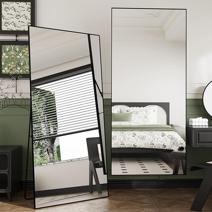 FANYUSHOW Full Length Mirror, Standing Hanging or Leaning Body Mirror, Simple Rectangle Design, Aluminum Alloy Thin Frame, Floor Mirror for Bedrooms, Bathrooms, Living Room 63"x19" (Black)