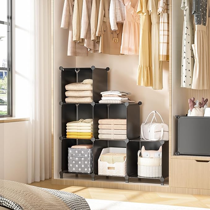 Neprock Closet Organizer, 6 Cube Closet Organizers and Storage, Portable Closet Storage Shelves, Clothes Storage Organizer Bookcases for Kids, Closet, Bedroom, Bathroom,Office（Black）