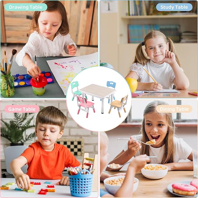 Kids Table and 4 Chairs Set, Height-Adjustable Toddler Table and Chairs with Graffiti Desktop, 31.5''L x 23.6''W Children Activity Table for Daycare, Classroom, Home