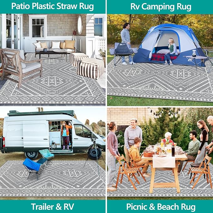 Waterproof Outdoor Rug 8x10 ft, Reversible Plastic Straw Mat, Large Floor Mat for Patio, Camping, Picnic, Backyard RV, Deck, Grey
