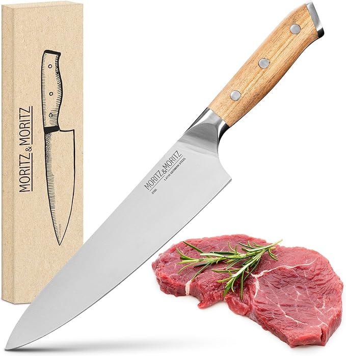 Moritz & Moritz 8-Inch Chef’s Knife, German Stainless Steel Kitchen Knife with Acacia Wood Handle, Professional All-Purpose knives for Slicing, Chopping & Dicing, Razor Sharp & Ergonomic