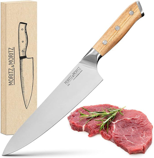 Moritz & Moritz 8-Inch Chef’s Knife, German Stainless Steel Kitchen Knife with Acacia Wood Handle, Professional All-Purpose knives for Slicing, Chopping & Dicing, Razor Sharp & Ergonomic