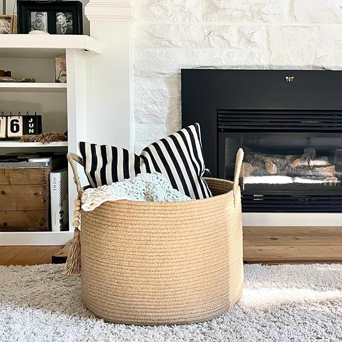 Goodpick Large Wicker Laundry Basket Jute Woven Basket for Clothes, Shoes, Towels, Decorative Storage Basket in Living Room, Bathroom, Entryway, Round Toy Basket 17.7 x 12.6 Inches, Jute