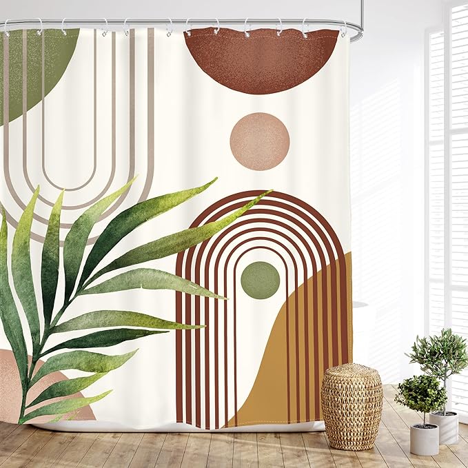 Glawry Green Brown Boho Shower Curtain Abstract Mid Century Plant Tropical Leaves Modern Geometric Bathroom Minimalist Arch Curve 60Wx72L Inches Bath Accessories Art Home Decor Fabric 12 Pack Hooks