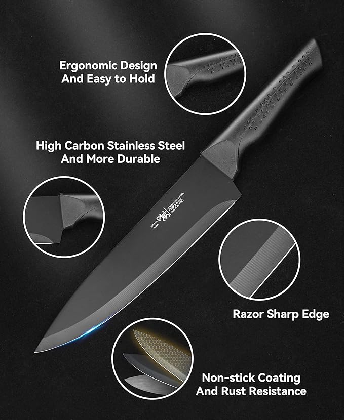 Knife Set, 15 Pcs Kitchen Knife Set with Block Self Sharpening, Dishwasher Safe, 6 Steak Knives, Anti-slip handle, Black