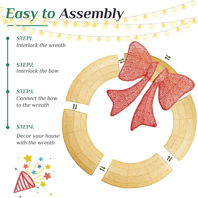 Sweetcrispy 48in Pre-Lit Christmas Wreath, LED Lighted Holiday Outdoor Decoration with Bow for Door, Mantel, Wall, Windows, Front Door Decor, Gold Wreath - Red Bow