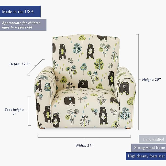 Toddler Personalized Armchair, Kids Upholstered Rocking Chair with Personalization, Toddler Chair with Personalized Name, Comfy Child Armchair, (Bears & Trees Print, Rockers)