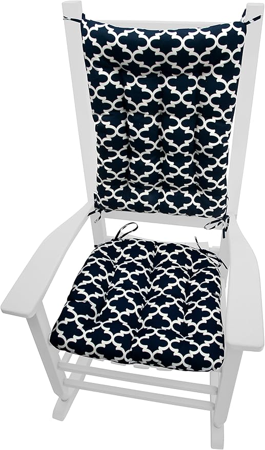Fulton Navy Porch Rocker Cushions - Small - Indoor-Outdoor, Fade Resistant, Weather Resistant - Latex Foam Fill Rocking Chair Seat Cushion & Backrest Pad Set - Made in USA (Blue Quatrefoil)