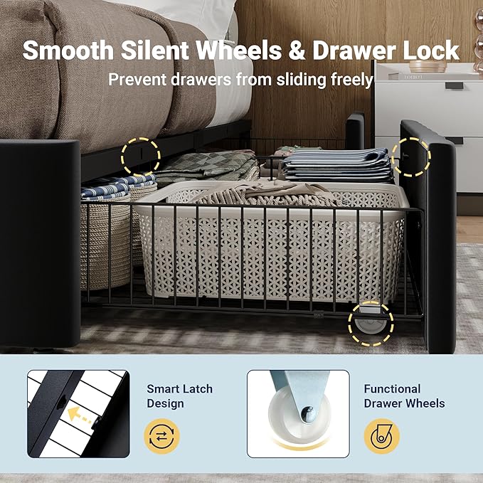 Allewie King Size Platform Bed Frame with 4 Large Storage Drawers, Velvet Vertical Channel Tufted Upholstered Bed Base, Wooden Slats Support, Noise-Free, No Box Spring Needed, Easy Assembly, Black