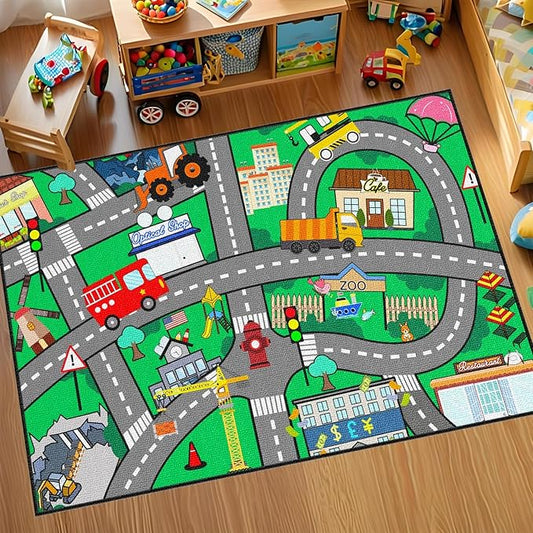 Car Rugs for Kids Toy Cars - Kids Carpet for Playroom Car Track Rug Car Carpet for City Life Road Rug for Playroom Living Room Bedroom, Green, 2'5''×4'