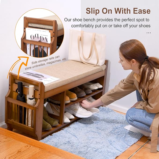 Shoe Bench with Hidden Drawer and Side Holder, 2 Tier Entryway Bench with Storage 39.4 in, Bamboo Shoe Rack with Cushion for Entryway Hallway Living Room Bedroom