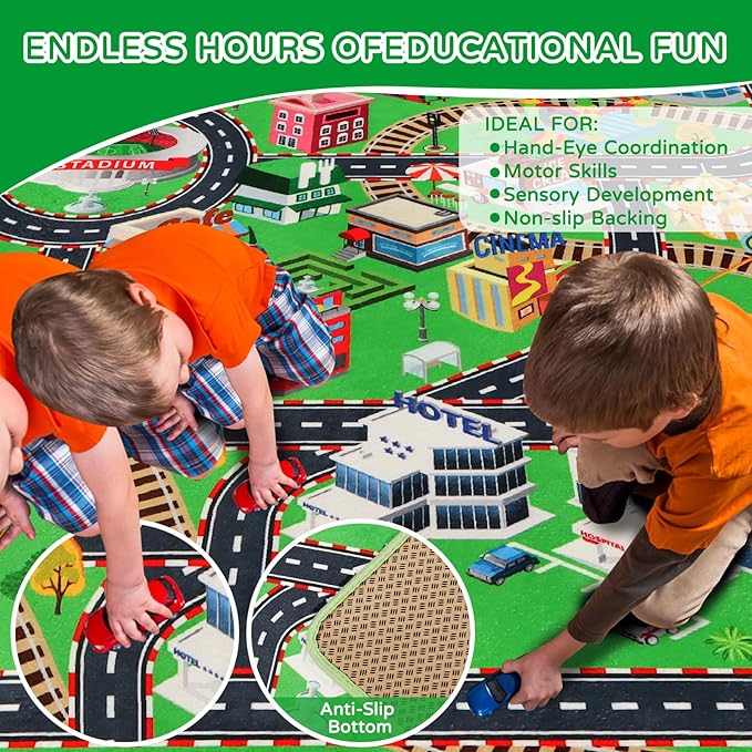 Kids Rug Play Mat for Toy Cars, City Life 3D Road Traffic 39.4"×59" for Playroom Kid Car Road Rug City Map Play Mat Non-Slip Washable Classroom Carpet for Toddlers BoyTummy Time Playtime