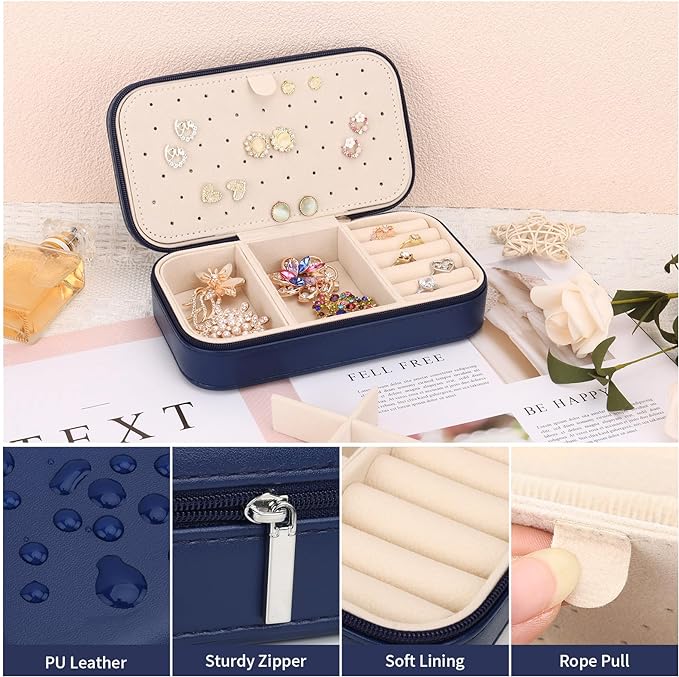 DesignSter Travel Jewelry Box, PU Leather Portable Jewelry Case, Small Jewelry Boxes for Gifts, Travel Jewelry Organizer for Women Rings Earrings Necklaces Bracelets (Dark Blue)