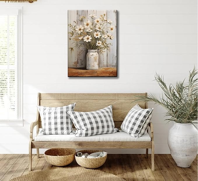 Rustic Farmhouse Daisy Floral Canvas Wall Art Vintage Neutral Country Flower Still Life Botanical Painting Picture Wall Decor Poster Print for Bathroom Living Room Bedroom Home Decoration