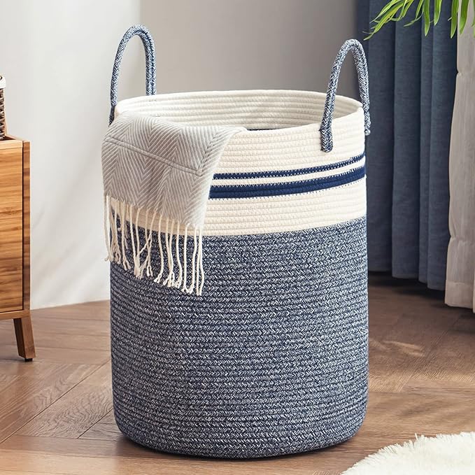 Woven Rope Laundry Hamper Basket, 72L Tall Laundry Basket, Baby Nursery Hamper for Blanket Storage in Bedroom-Large-Blue