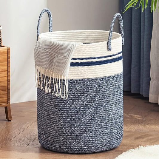 Woven Rope Laundry Hamper Basket, 72L Tall Laundry Basket, Baby Nursery Hamper for Blanket Storage in Bedroom-Large-Blue