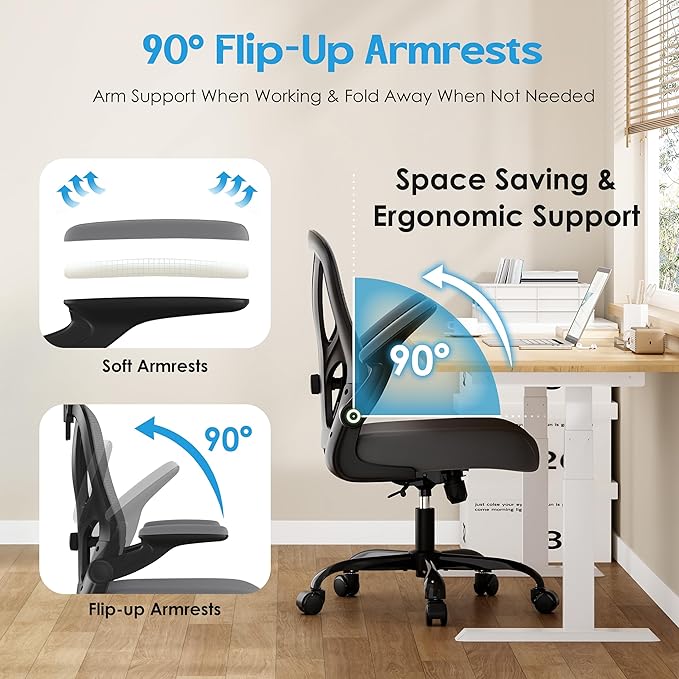 Office Chair Ergonomic Desk Chair - Mesh Computer Chair Breathable Task Chair with Wheels Adjustable Lumbar Support Home Desk Office Chairs with Flip up Armrest Executive Rolling Swivel Gray