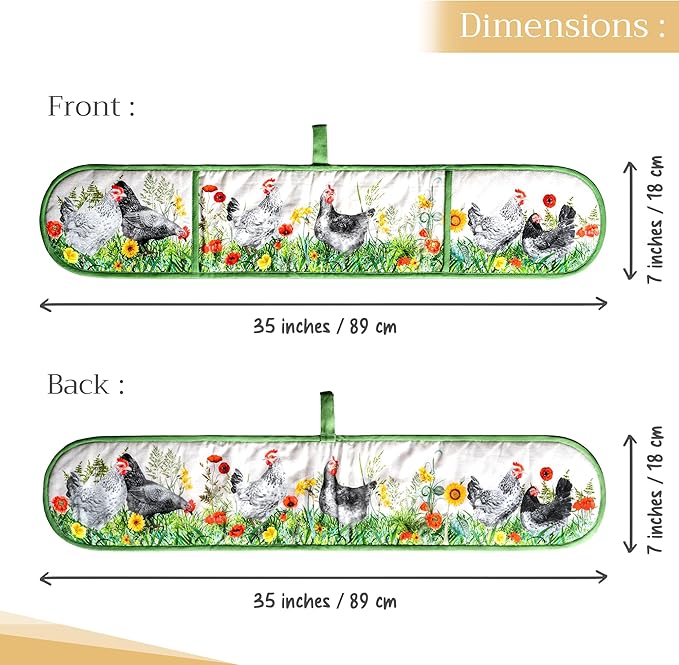 Maison d' Hermine Double Oven Mitts 100% Cotton 7"x35" Double Oven Mitt Heat Resistant BBQ Cooking Gloves with Loop, Baking, Grilling, Home, Kitchen, Handling Hot Pans Spring Summer (Basse Cour)