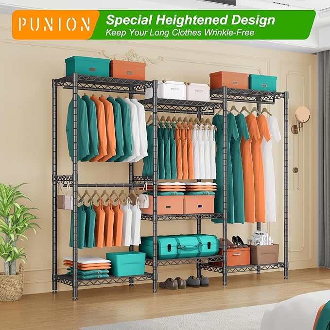 PUNION GR7 Portable Closet Wardrobe Heavy Duty Clothes Rack, Freestanding Clothing Rack with 4 Hang Rods & 7 Shelves, 2 Hooks, Adjustable Closet Rack, 69" L x 16" W x 77" H, Max Load 1200LBS, Black