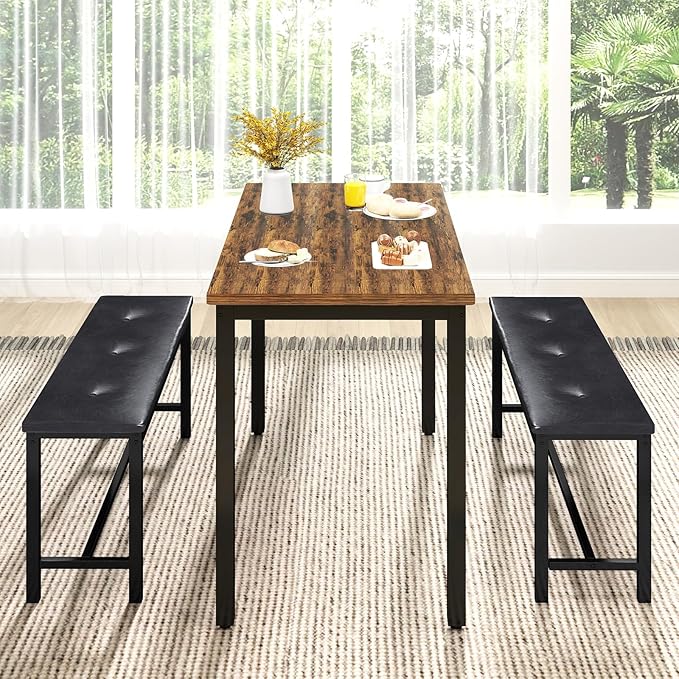 Rovibek Dining Room Table Bench Set for 4, Modern Space Saving Kitchen Table with with 2 Upholstered Benches & Adjustable Feet, Wooden Breakfast Table, 43", Brown