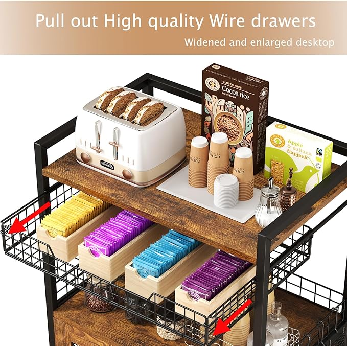 Coffee Bar Cabinet, 3 Tier Coffee Station Table on Wheels, 35.9" H Bar Cart with Wire Basket Drawer & 5 Hooks for Home Kitchen, Liquor Buffet Sideboard Cabinet (Rustic Brown)