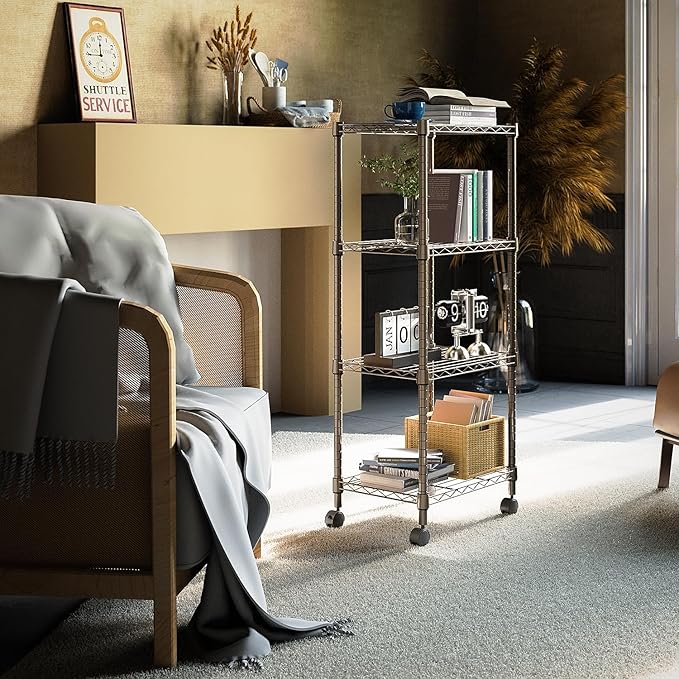 1000 lbs 4-Shelf Adjustable Heavy Duty Steel Wire Rack, Adjustable Storage Shelving Unit with Wheel for Kitchen, Garage, Laundry Brown 11.8" D x 17.7" W x 40.8" H