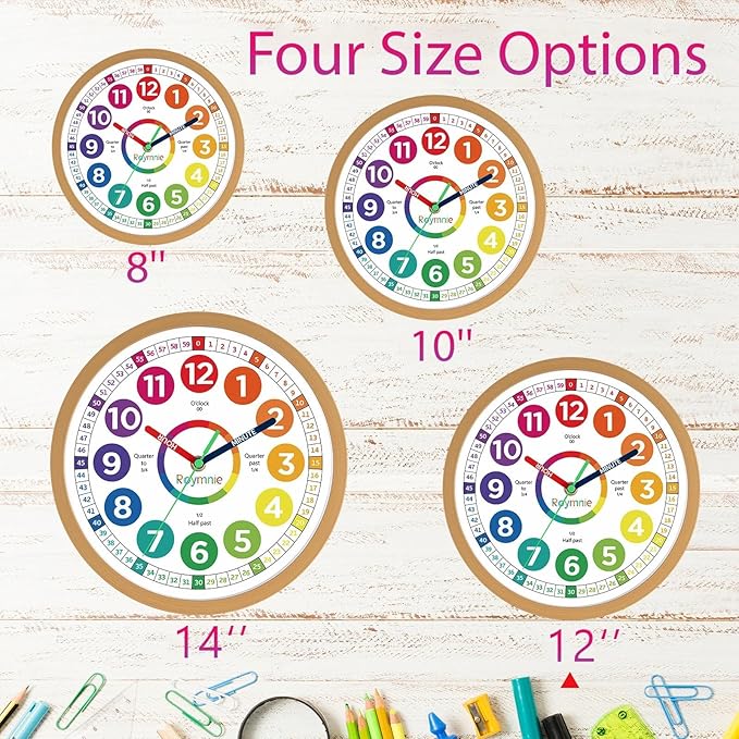Roymnie12 Inch Wall Clock for Kids Learning to Tell Time Easily Analog Non Ticking Battery Operated Kids Teaching Clock Silent Colorful Teaching Time Clock Decorative for Kids Room Classroom School