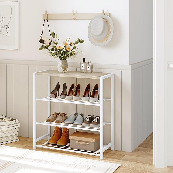 Yusong Shoe Rack Organizer, 4 Tier Industrial Shoe Storage Shelf for Closet Entryway, Narrow Sturdy Metal Shoe Shelves, White