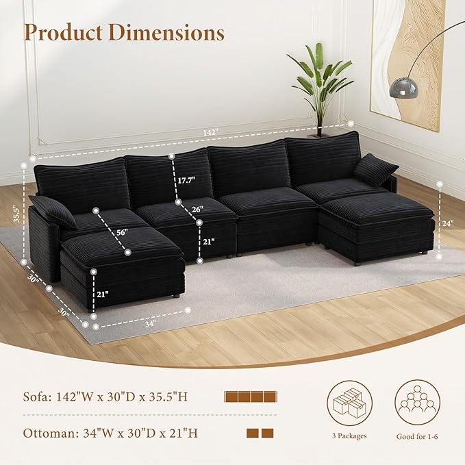 Vesgantti 142" U Shaped Sectional Couch, Comfy Cloud Modular Sectional Sofa with 2 Ottoman Deep Seat Corduroy Modern Cloud Sofa, Modular Sofas for Living Room, Bedroom and Apartment, Black