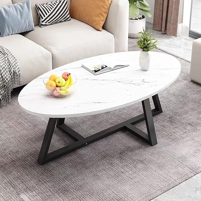 Coffee Table Small Oval Table,White Faux Marble Table for Living Room, Modern Center Tea Tables for Small Space,Wooden Tables End Tables with Sturdy Black Metal Leg