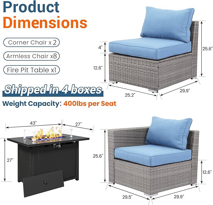 Wisteria Lane Patio Furniture Set for All Wheather, 11 Pieces Wicker Outdoor Furniture Set with Washable Cushions & Fire Pit Table, Oversized Outdoor Sectional for Garden, Poolside, Backyard, Blue