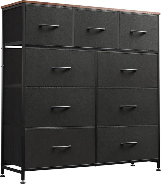 WLIVE 9 Drawer Dresser, Fabric Storage Tower for Bedroom, Hallway, Closet, Tall Chest Organizer Unit for Bedroom with Fabric Bins, Steel Frame, Wood Top, Easy Pull Handle, Black and Rustic Brown