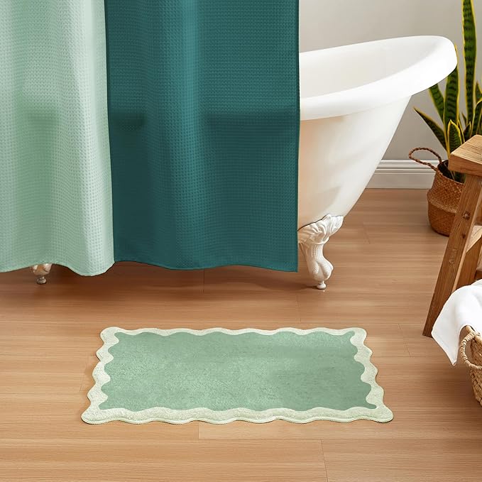 MONDAY MOOSE Bath Mat with Scalloped Wavy Ripple Design, Microfiber Absorbent Non Slip Tufted Rug for Floor, Shower or Kitchen (16x24 inch, Sage)