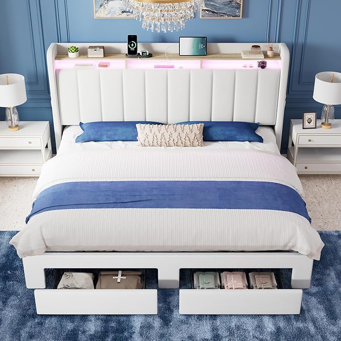 Allewie Velvet Vertical Tufted King Size Upholstered Platform Bed Frame with 2-Tier LED Storage Headboard & 2 Storage Drawers, USB & Type-C Charging Ports, Noise-Free/No Box Spring Needed, White