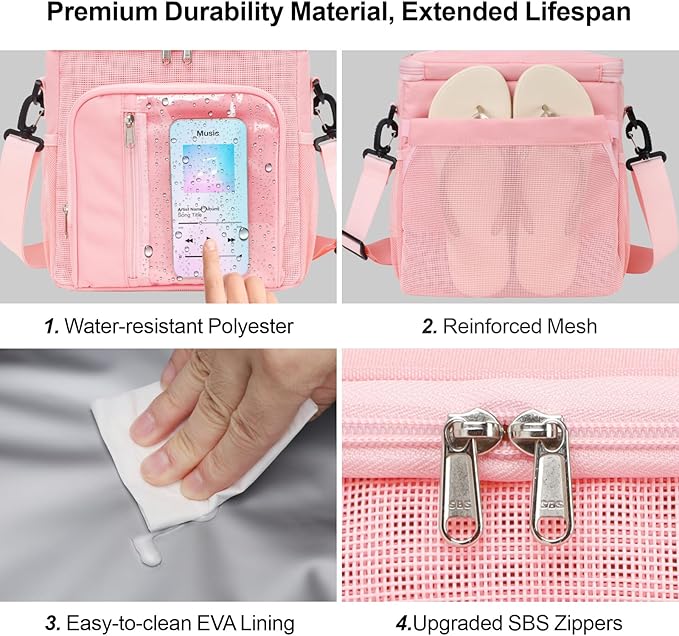 F-color Hanging Shower Caddy Portable - College Dorm Essentials for Girls with Hooks, Soft Crossbody Shoulder Strap, Multiple Pockets, Quick-Dry Shower Bag for Dorm Travel Essentials, Pink