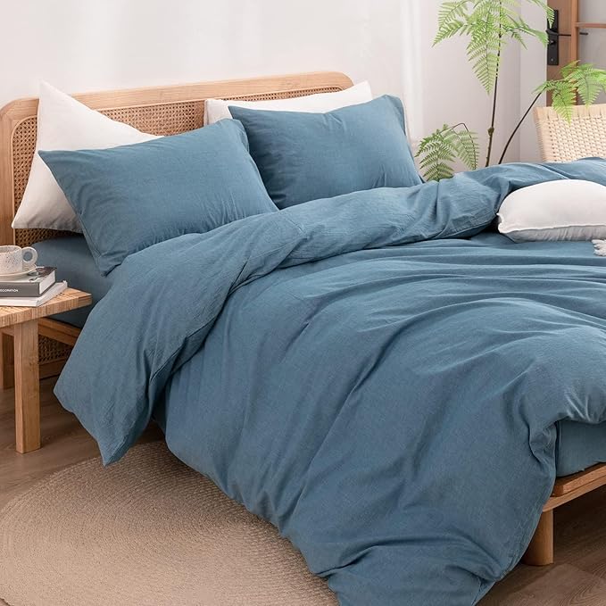 BESTOUCH Duvet Cover Set 100% Washed Cotton Linen Feel Super Soft Comfortable Chic Lightweight 3 PCs Home Bedding Set Solid Dark Blue Oversized Full