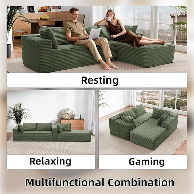 105" Cloud Sectional Couch with L-Shape Chaise,Modern Modular Sofa with Deep Seat, Fluffy Boneless Couches for Living Room Bedroom,No Assembly Required, Green (Plush Flannel Fabric)