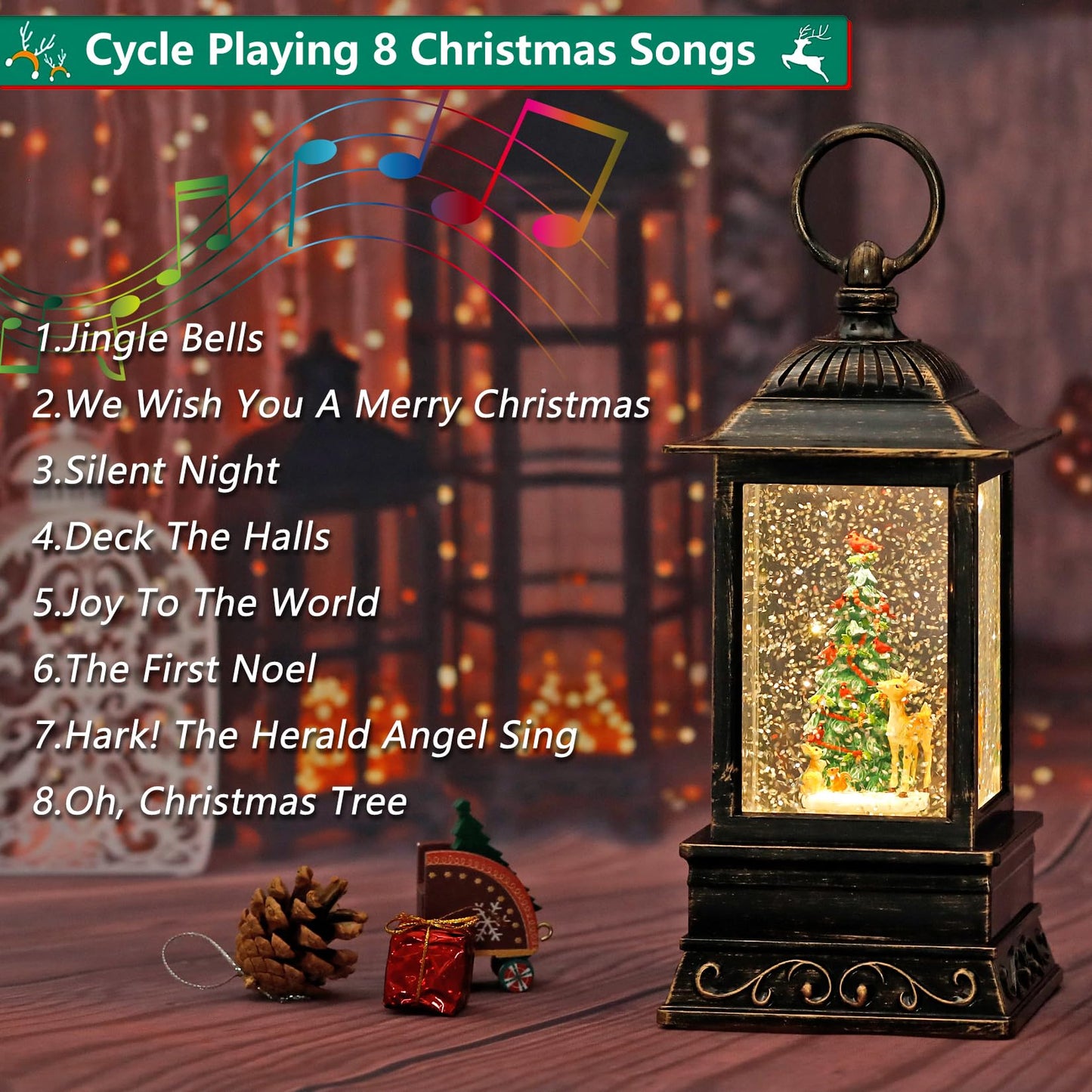 Christmas Snow Globe Decorations, Musical Glitter Christmas Tree Lantern with 6H Timer, USB/Battery Powered Lighted Décor for Home, Tabletop, Gift Box