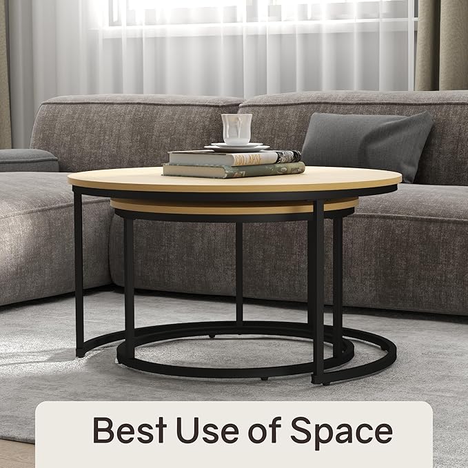 Nesting Tables Set of 2, 31.5" Round Coffee Table, Small Nesting Coffee Table with Adjustable Non-Slip Fee, Wood Grain Top Nesting Tables for Living Room, Bedroom (Wood Grain Light Brown)