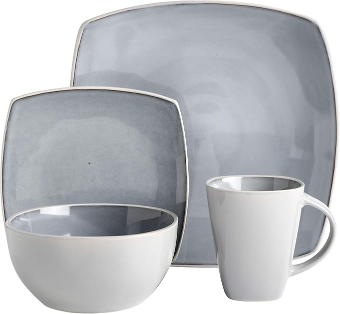 Gibson Elite Soho Lounge Square Reactive Glaze Stoneware Dinnerware Set, Service for 4 (16pc), Light Gray