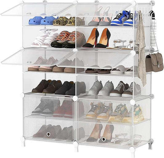 AWTATOS Shoe Rack, 6 Tier Shoe Storage Cabinet with Door, 24 Pair Shoe Organizer Shelves for Closet Hallway Bedroom Entryway, Transparent Twill