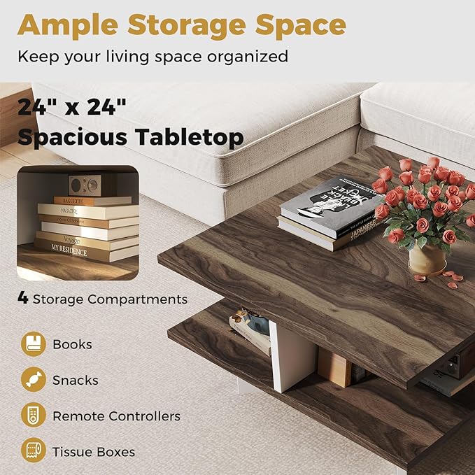 GOFLAME Farmhouse Coffee Table with Storage, 2-Tier Square Center Table with 4 Storage Compartments & Cross-Shape Base, Modern, Wood Tea Tables for Living Room, Lounge, Walnut + White